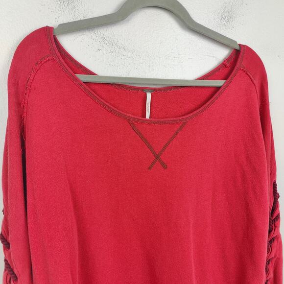 Free People Lace Up Sweatshirt Womens Small Red Stitched Top Distressed Boho - Picture 2 of 9